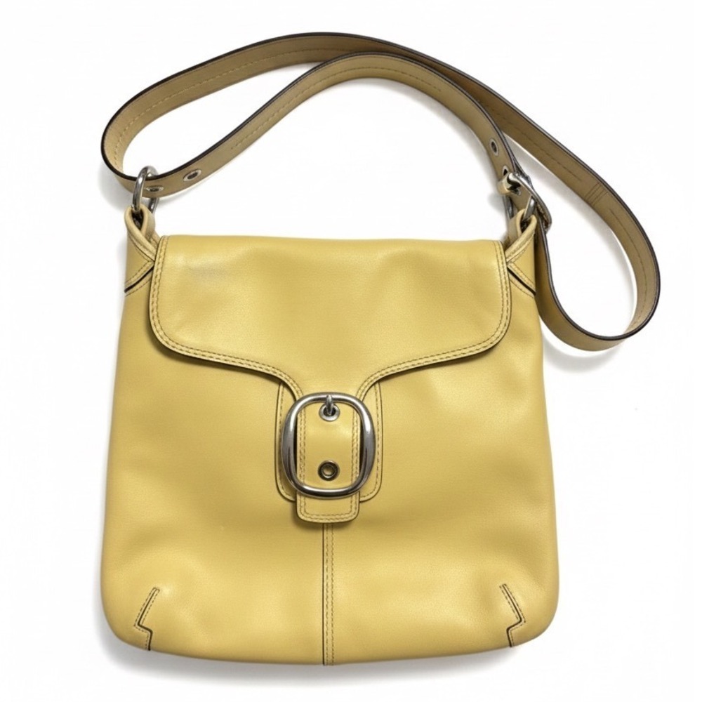 Coach Butter Yellow Leather Bleecker Bag Purse Buckle Flap Oversized Crossbody